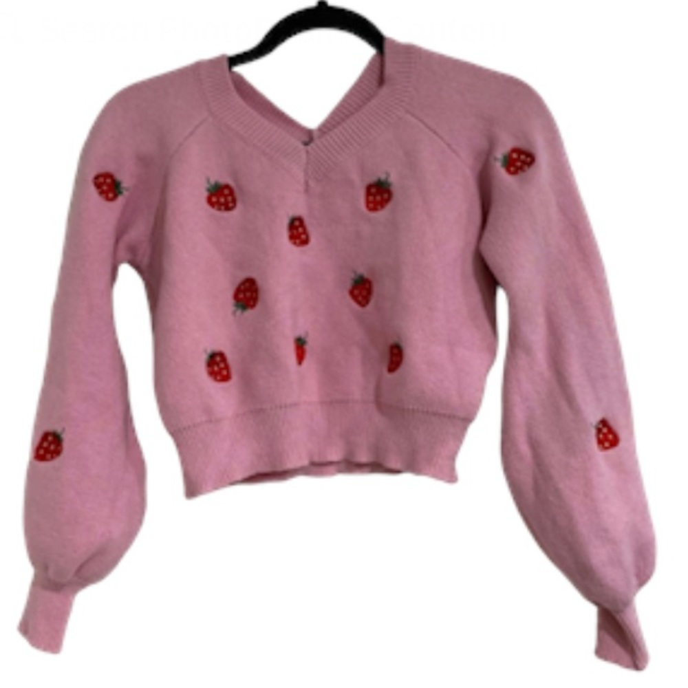 Pretty in Pink Strawberry Shortcake inspo balloon sleeve sweater girl 7-8 ages.